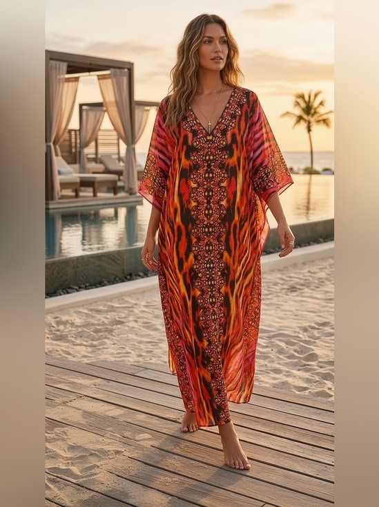 Dresses & Skirts - Jessica Taylor Kaftan Dress One Size NWT Animal Print Boho Maxi Beach Coverup